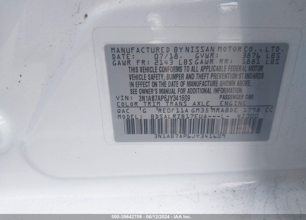2018 NISSAN SENTRA SR VIN: 3N1AB7AP6JY341609