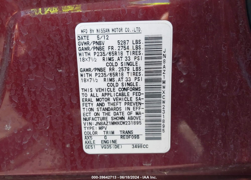 2012 NISSAN MURANO VIN: JN8AZ1MWXCW231895