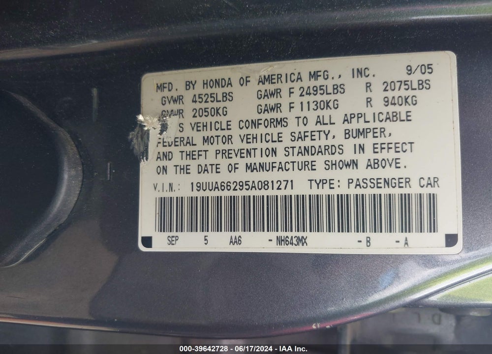 2005 ACURA TL VIN: 19UUA66295A081271