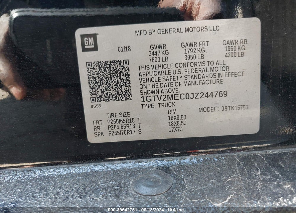 2018 GMC SIERRA 1500 SLE VIN: 1GTV2MEC0JZ244769