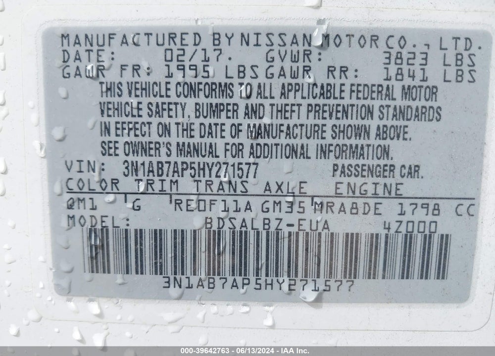 2017 NISSAN SENTRA S VIN: 3N1AB7AP5HY271577
