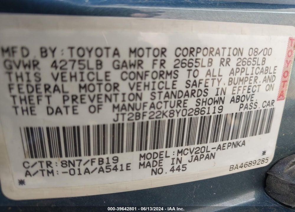 2000 TOYOTA CAMRY LE V6 VIN: JT2BF22K8Y0286119