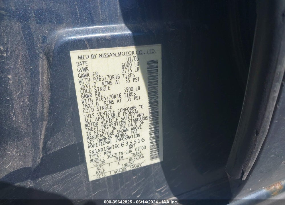 2006 NISSAN PATHFINDER SE VIN: 5N1AR18W36C635516