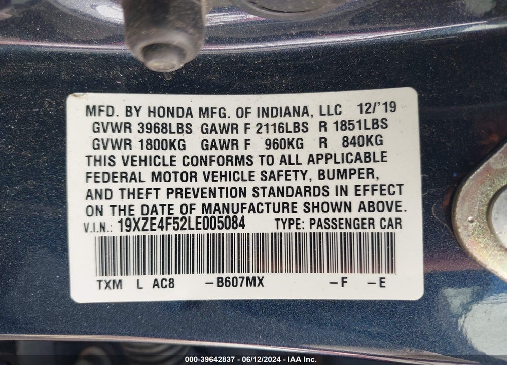 2020 HONDA INSIGHT EX VIN: 19XZE4F52LE005084