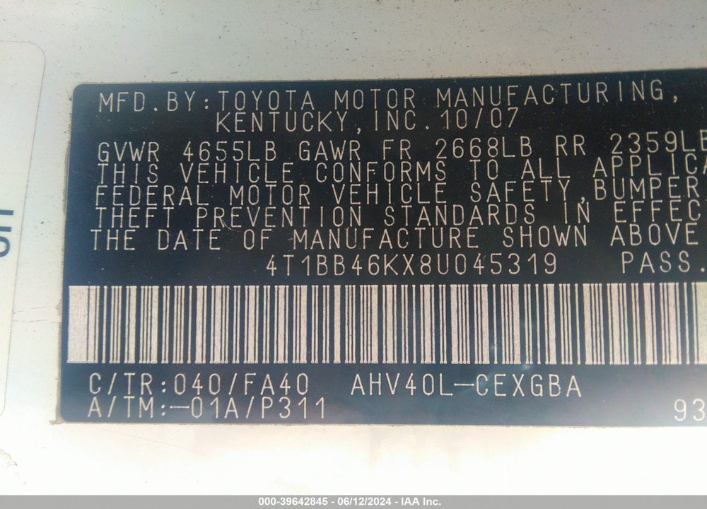 2008 TOYOTA CAMRY HYBRID VIN: 4T1BB46KX8U045319