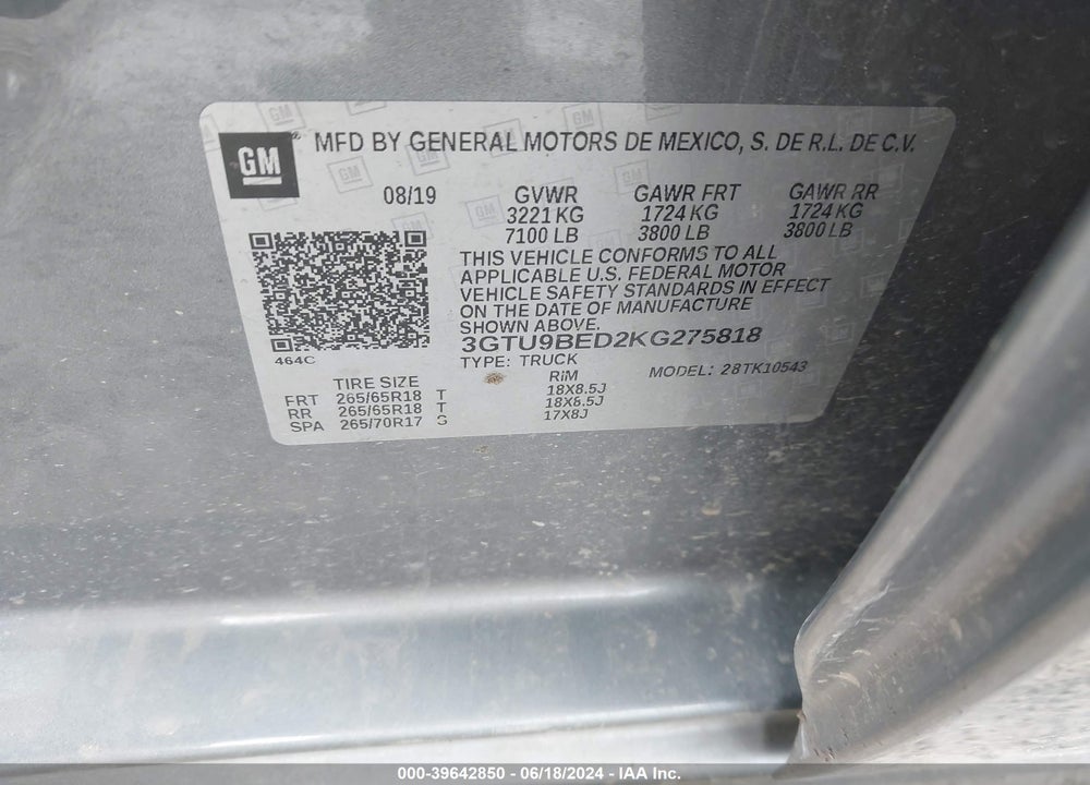 2019 GMC SIERRA 1500 VIN: 3GTU9BED2KG275818