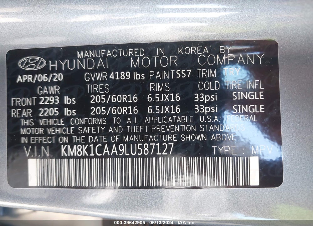 2020 HYUNDAI KONA SE VIN: KM8K1CAA9LU587127