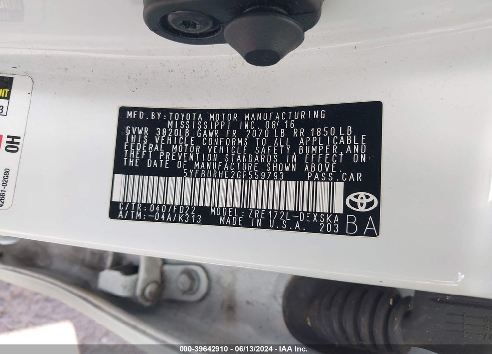 2016 TOYOTA COROLLA S W/SPECIAL EDITION PKG VIN: 5YFBURHE2GP559793
