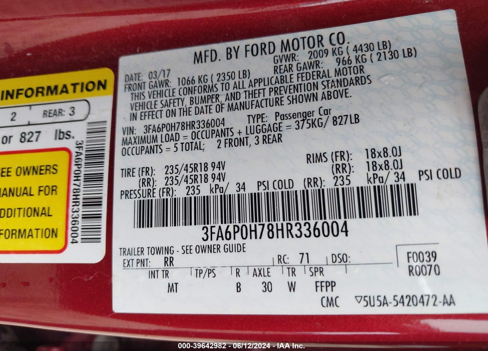 2017 FORD FUSION SE VIN: 3FA6P0H78HR336004