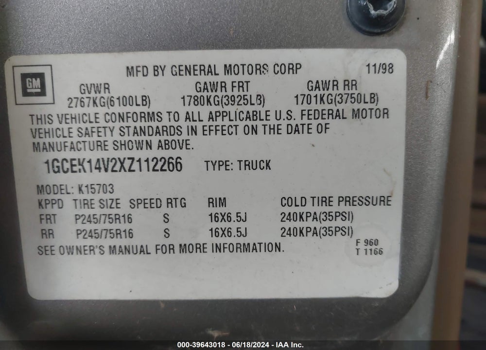 1999 CHEVROLET SILVERADO 1500 LS VIN: 1GCEK14V2XZ112266