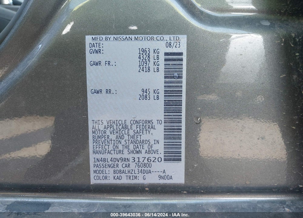 2024 NISSAN ALTIMA SV FWD VIN: 1N4BL4DV9RN317620