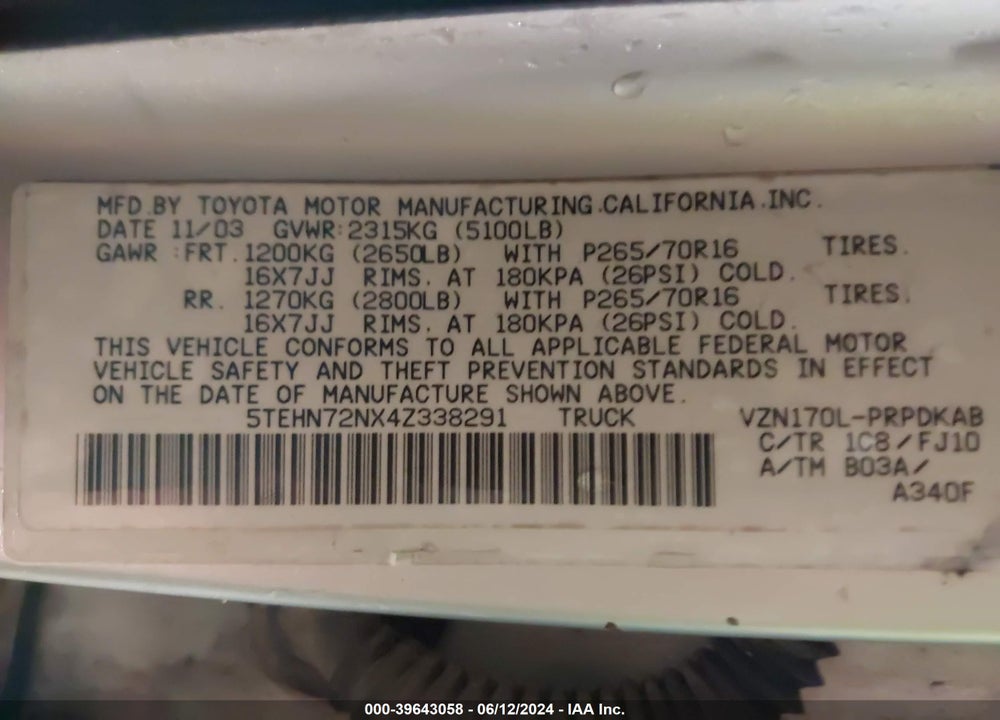 2004 TOYOTA TACOMA BASE V6 VIN: 5TEHN72NX4Z338291