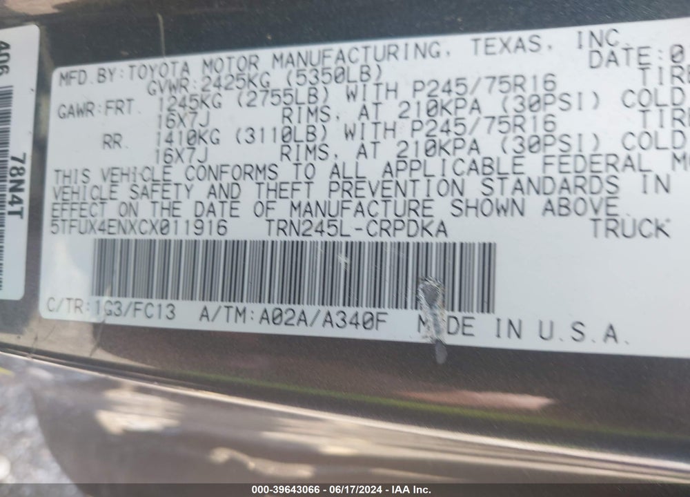 2012 TOYOTA TACOMA VIN: 5TFUX4ENXCX011916
