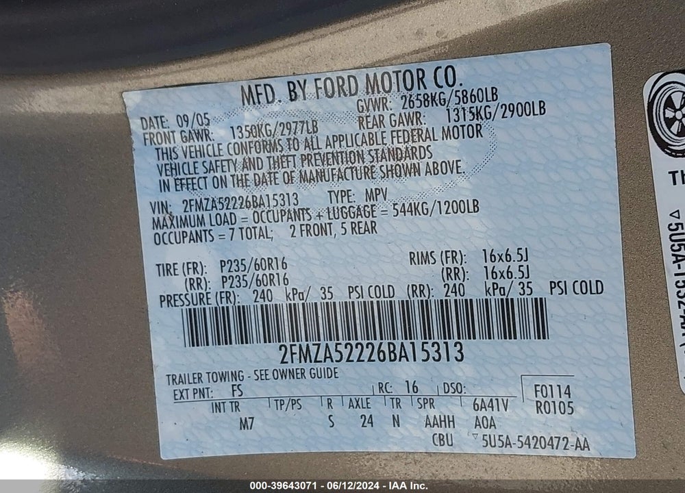 2006 FORD FREESTAR SEL VIN: 2FMZA52226BA15313