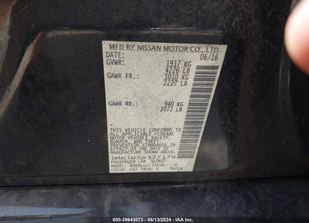 2016 NISSAN ALTIMA 2.5 S VIN: 1N4AL3AP2GN377179