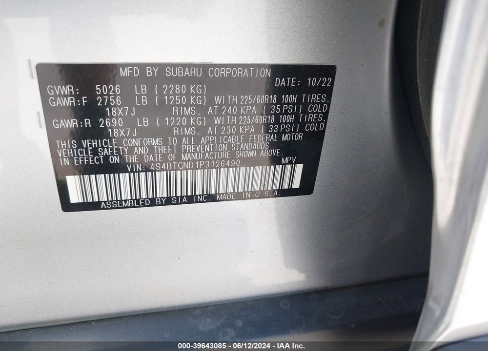 2023 SUBARU OUTBACK LIMITED XT VIN: 4S4BTGND1P3126490