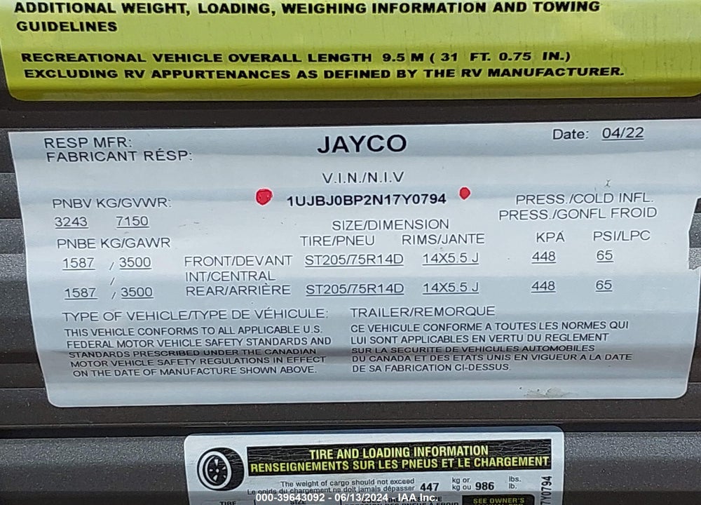2022 JAYCO JAYFL184BH VIN: 1UJBJ0BP2N17Y0794