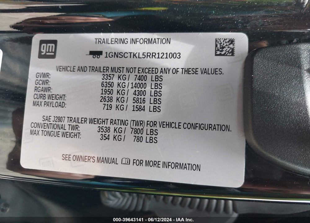 2024 CHEVROLET TAHOE 2WD HIGH COUNTRY VIN: 1GNSCTKL5RR121003