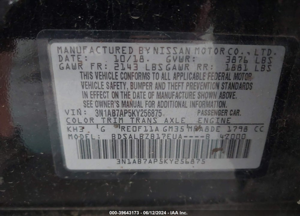 2019 NISSAN SENTRA VIN: 3N1AB7AP5KY256875