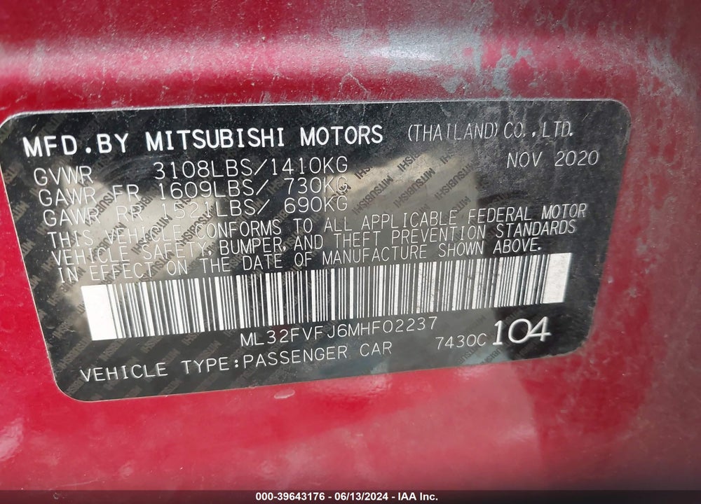 2021 MITSUBISHI MIRAGE G4 SE VIN: ML32FVFJ6MHF02237