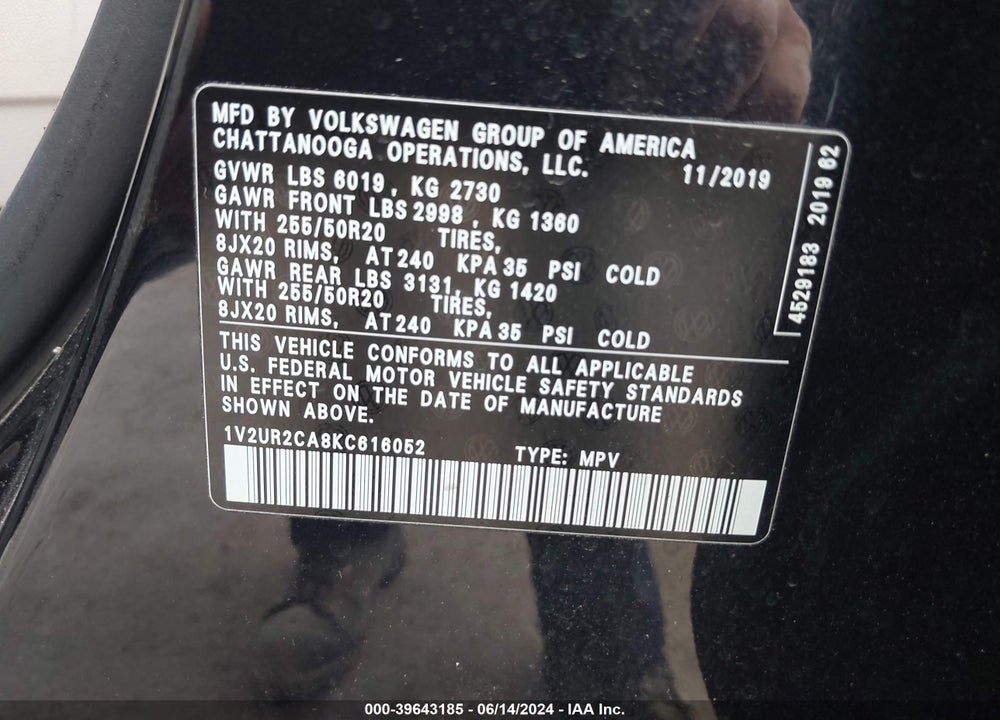 2019 VOLKSWAGEN ATLAS 3.6L V6 SE W/TECHNOLOGY VIN: 1V2UR2CA8KC616052