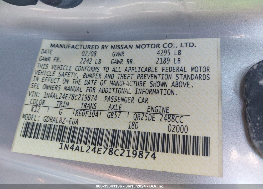 2008 NISSAN ALTIMA 2.5 S VIN: 1N4AL24E78C219874