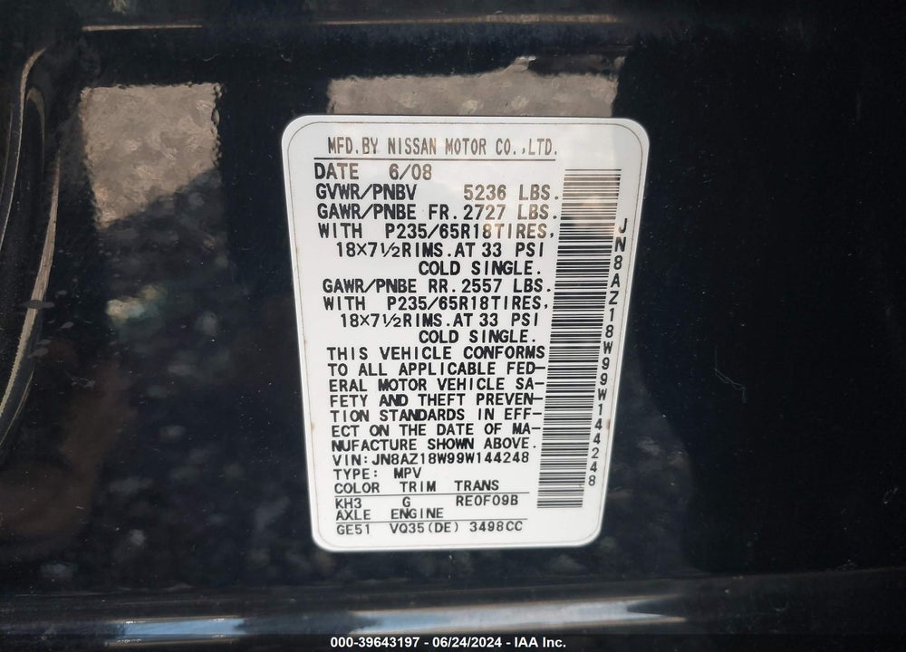 2009 NISSAN MURANO SL VIN: JN8AZ18W99W144248
