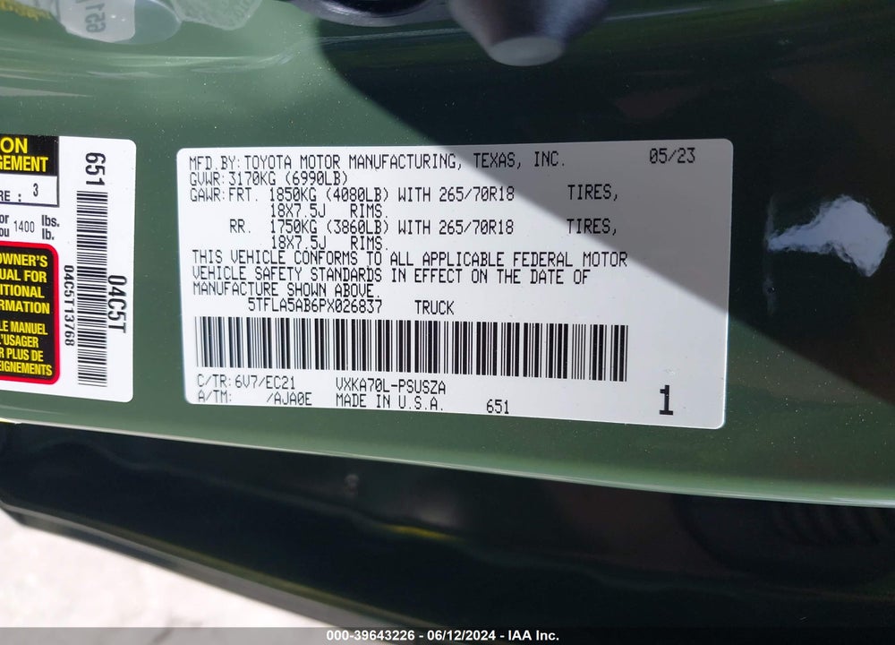2023 TOYOTA TUNDRA SR5 VIN: 5TFLA5AB6PX026837