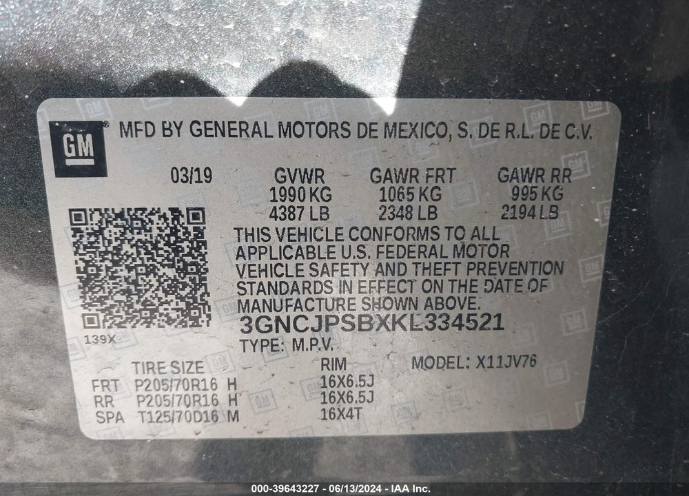 2019 CHEVROLET TRAX LT VIN: 3GNCJPSBXKL334521