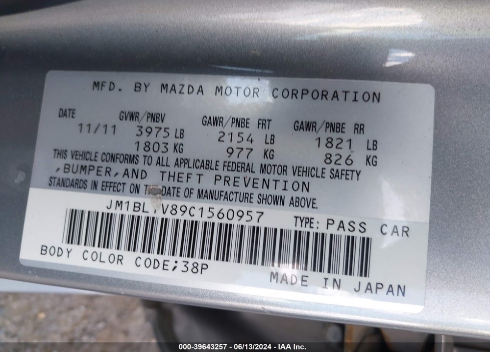2012 MAZDA 3 I TOURING VIN: JM1BL1V89C1560957