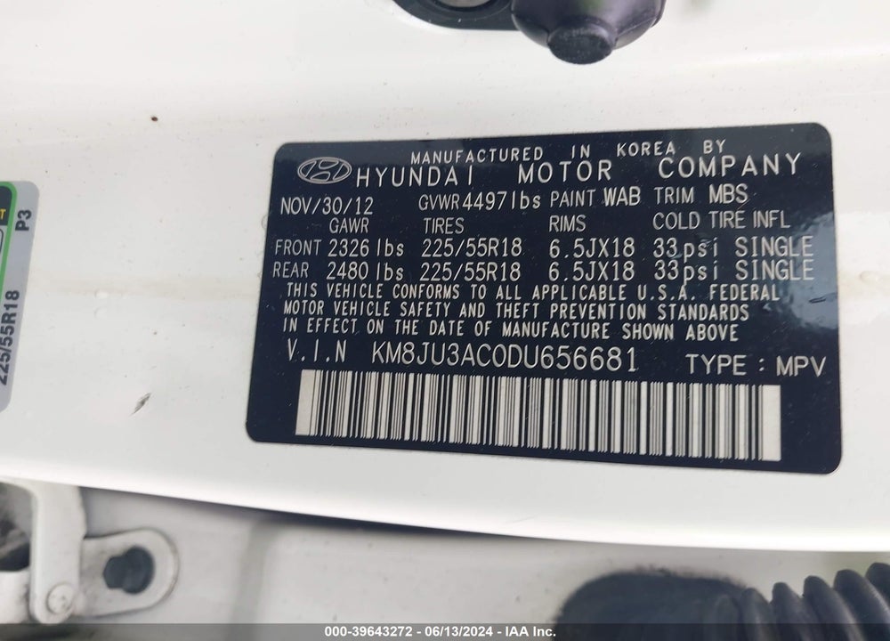 2013 HYUNDAI TUCSON LIMITED VIN: KM8JU3AC0DU656681