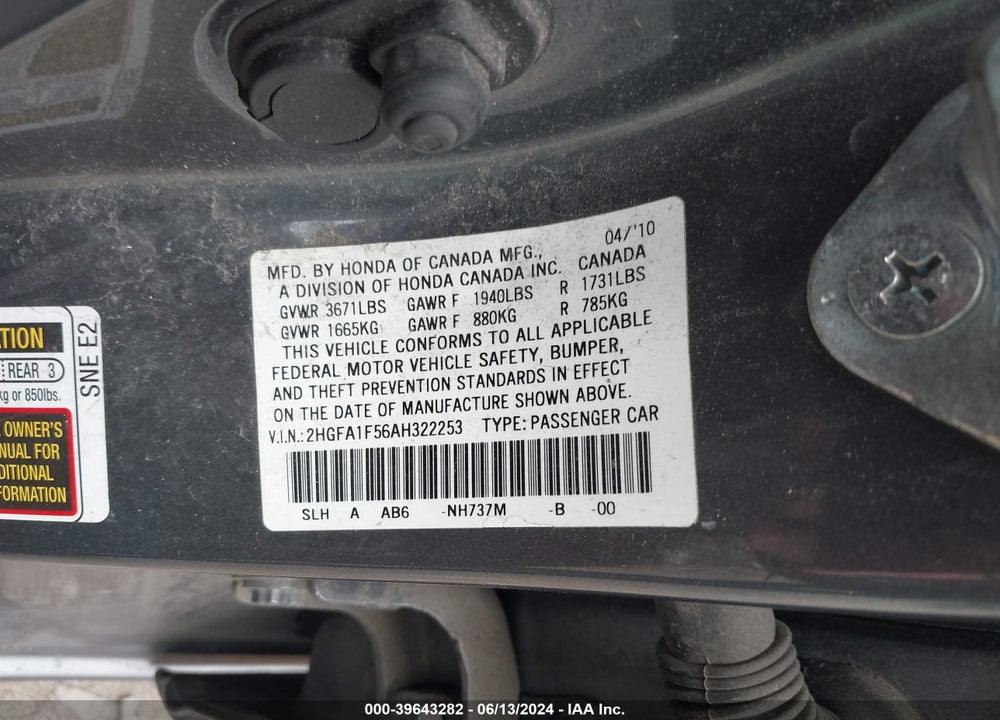 2010 HONDA CIVIC VIN: 2HGFA1F56AH322253