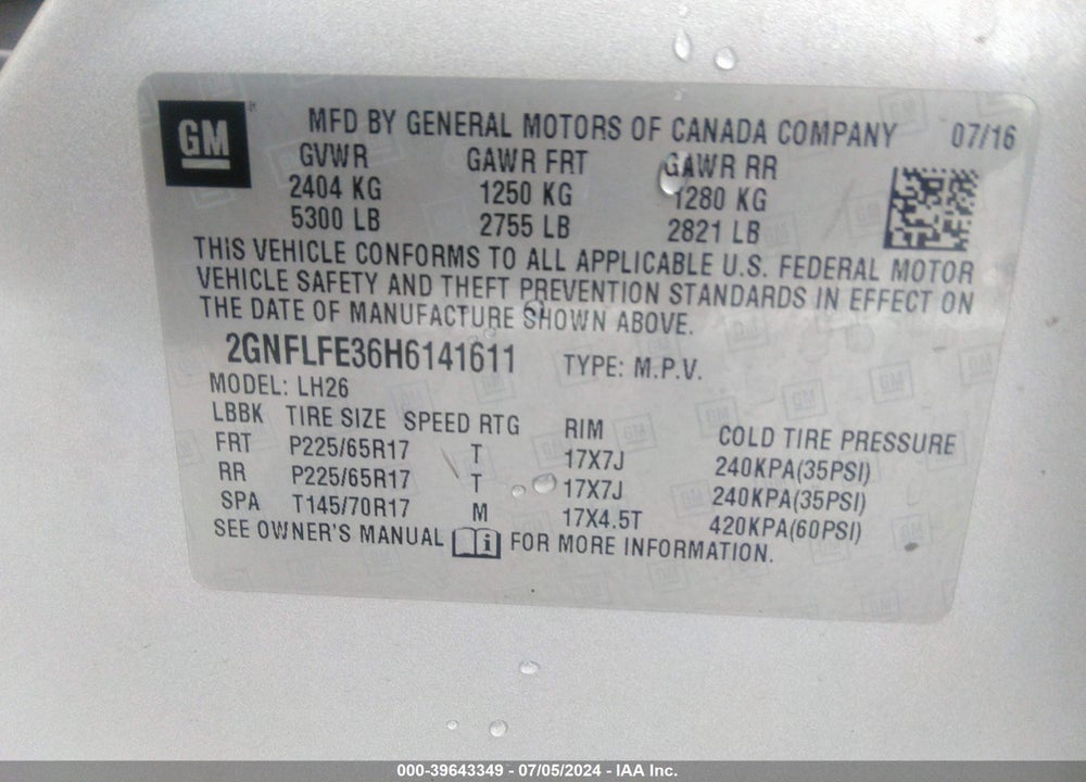 2017 CHEVROLET EQUINOX LT VIN: 2GNFLFE36H6141611