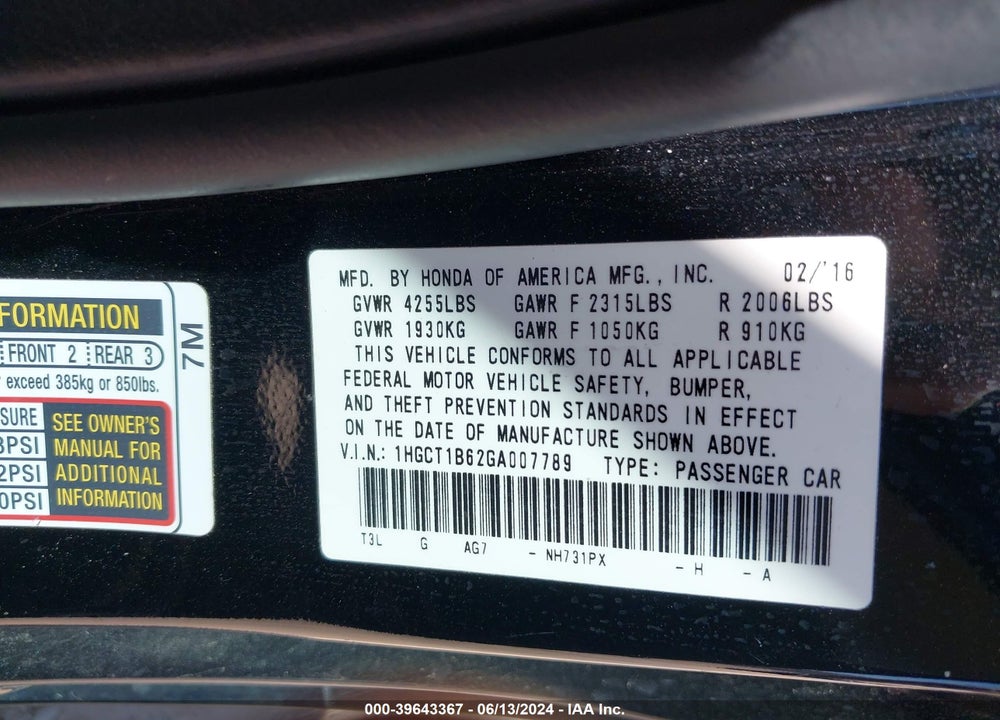 2016 HONDA ACCORD EX-L VIN: 1HGCT1B62GA007789