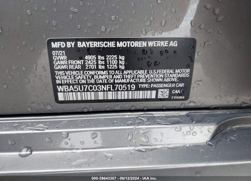 2022 BMW 3 SERIES M340I VIN: WBA5U7C03NFL70519
