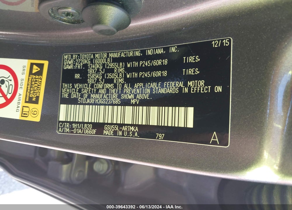 2016 TOYOTA HIGHLANDER XLE V6 VIN: 5TDJKRFH3GS237685