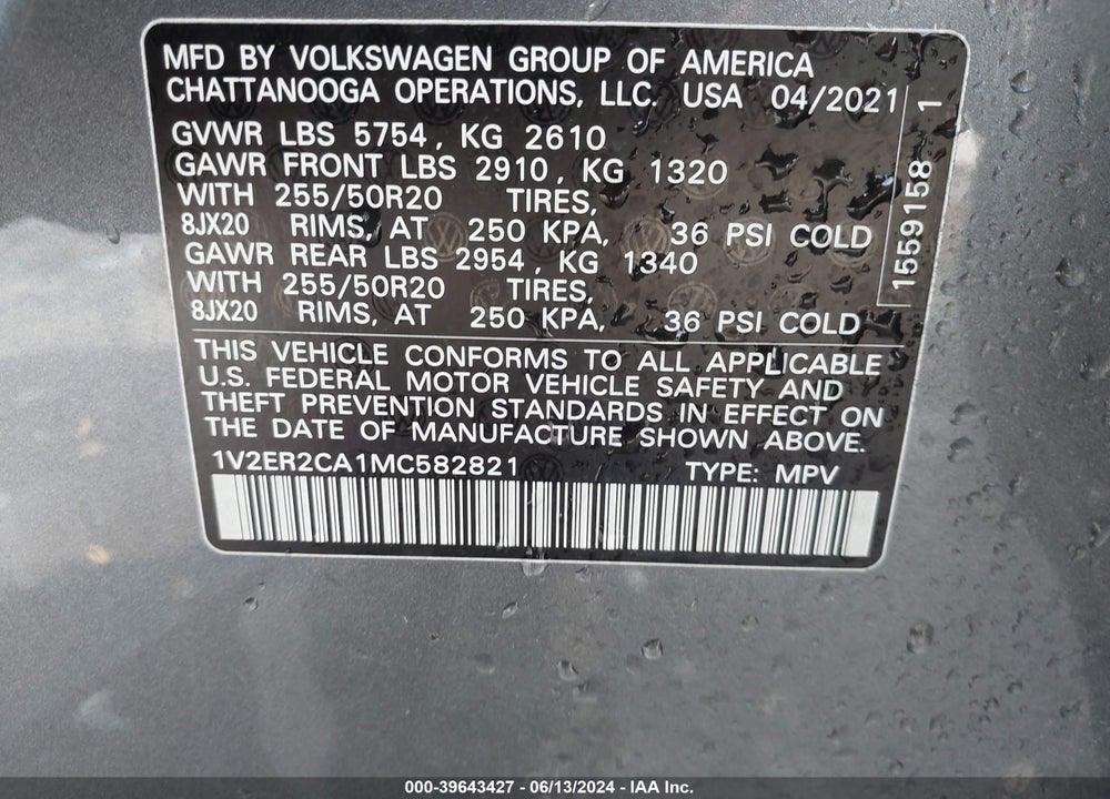 2021 VOLKSWAGEN ATLAS 3.6L V6 SEL VIN: 1V2ER2CA1MC582821