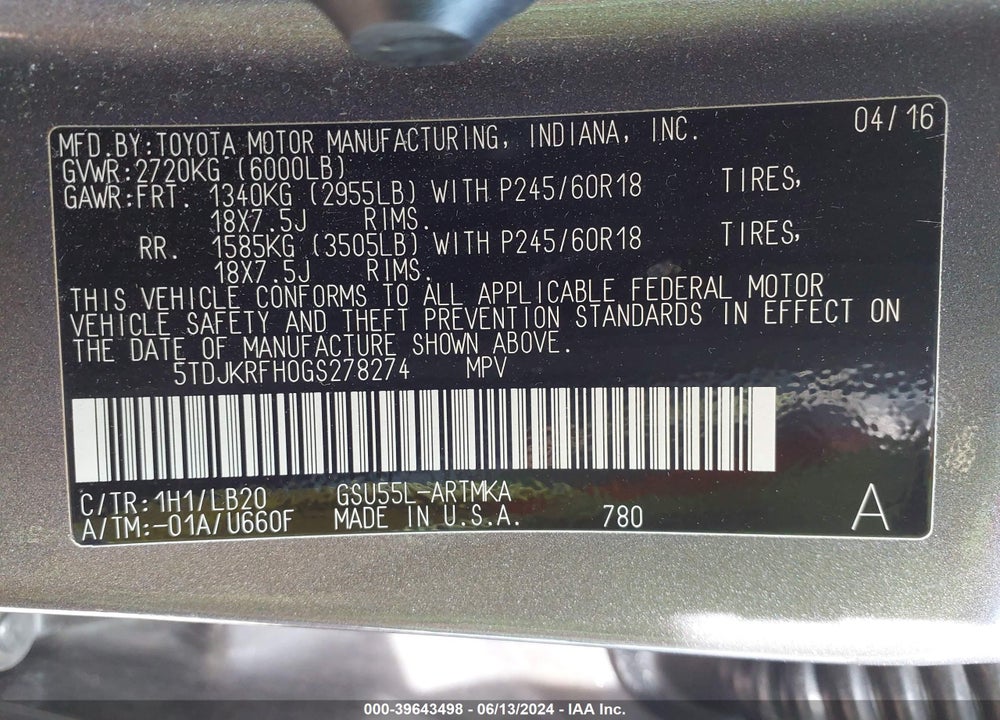 2016 TOYOTA HIGHLANDER XLE V6 VIN: 5TDJKRFH0GS278274