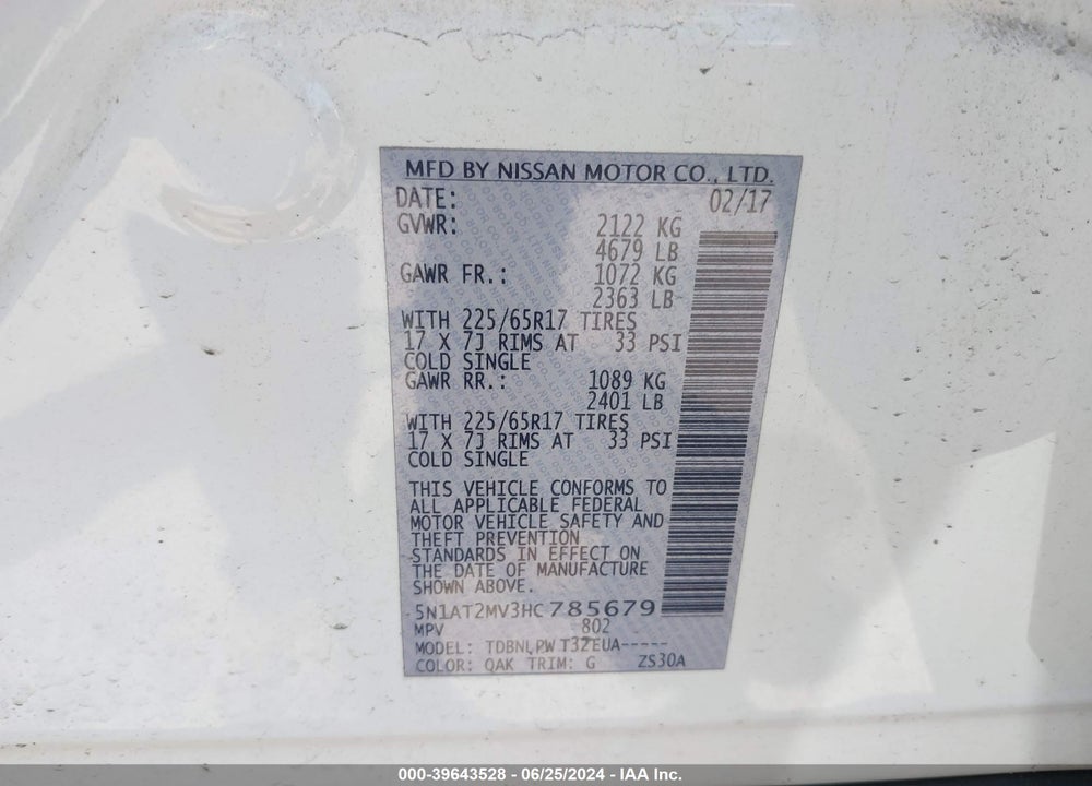 2017 NISSAN ROGUE S VIN: 5N1AT2MV3HC785679