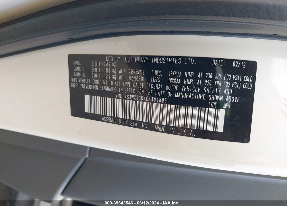 2012 SUBARU TRIBECA VIN: 4S4WX9GD4C4401806