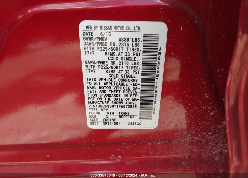 2015 NISSAN ROGUE SELECT S VIN: JN8AS5MT1FW670585
