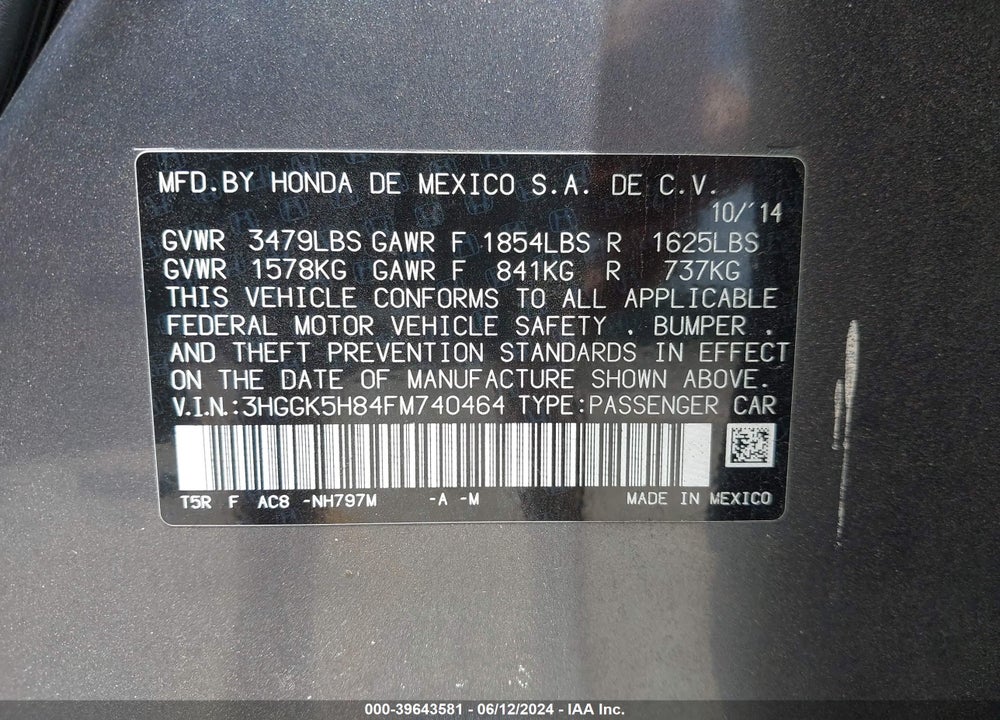 2015 HONDA FIT EX/EX-L VIN: 3HGGK5H84FM740464