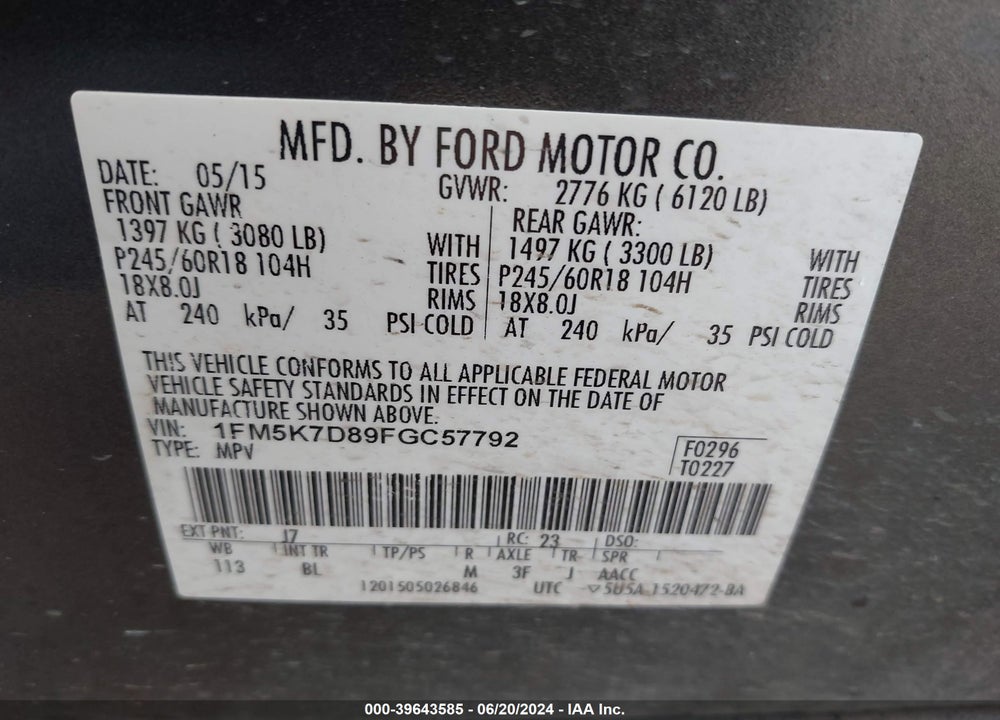2015 FORD EXPLORER XLT VIN: 1FM5K7D89FGC57792
