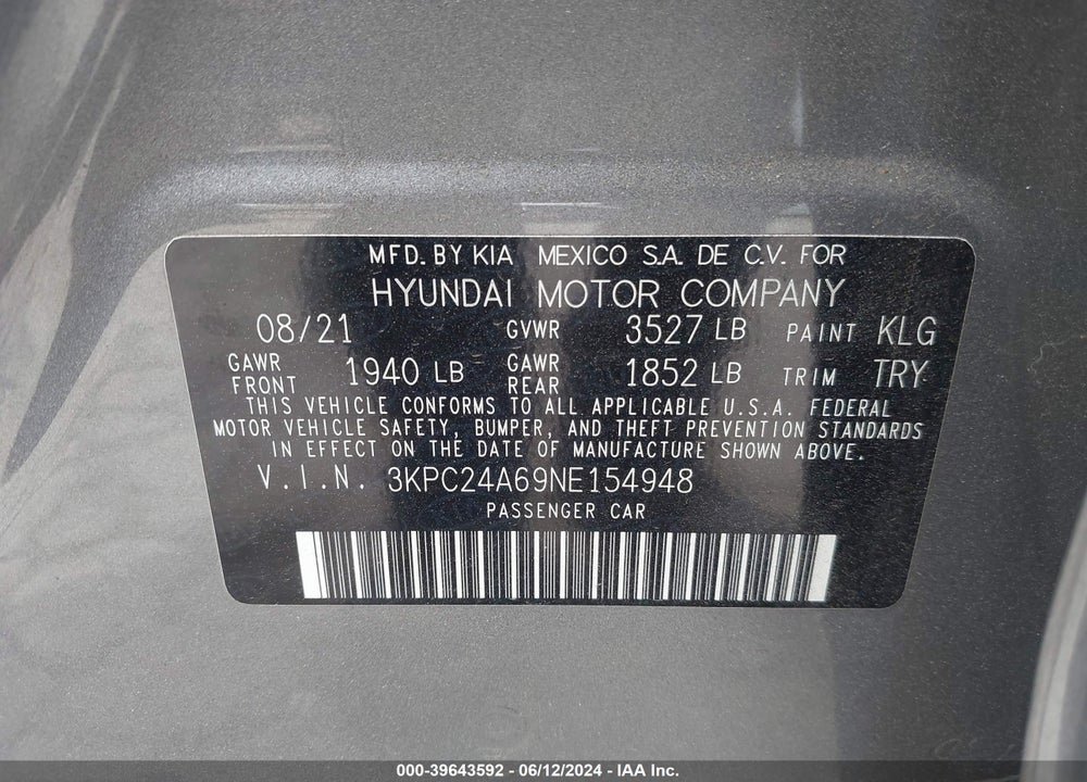2022 HYUNDAI ACCENT SE VIN: 3KPC24A69NE154948