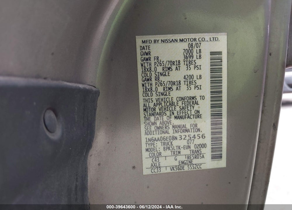 2008 NISSAN TITAN SE VIN: 1N6AA06E08N325456
