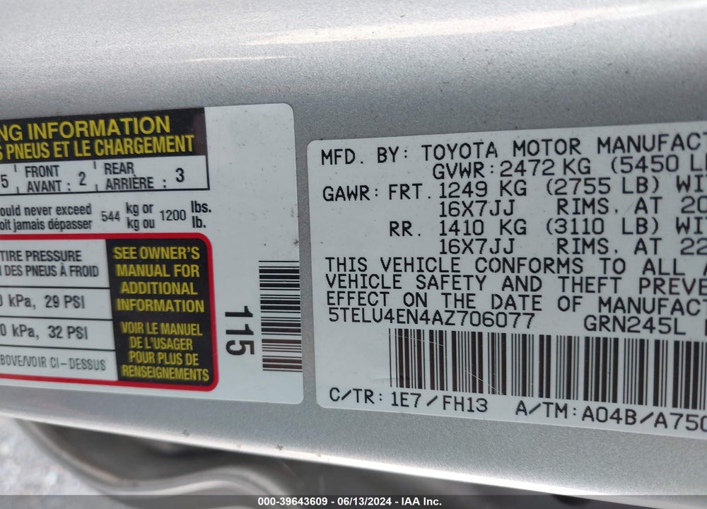 2010 TOYOTA TACOMA BASE V6 VIN: 5TELU4EN4AZ706077