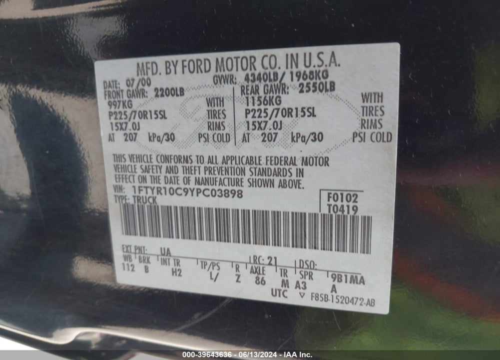 2000 FORD RANGER XL/XLT VIN: 1FTYR10C9YPC03898