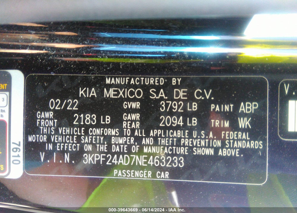 2022 KIA FORTE LXS VIN: 3KPF24AD7NE463233