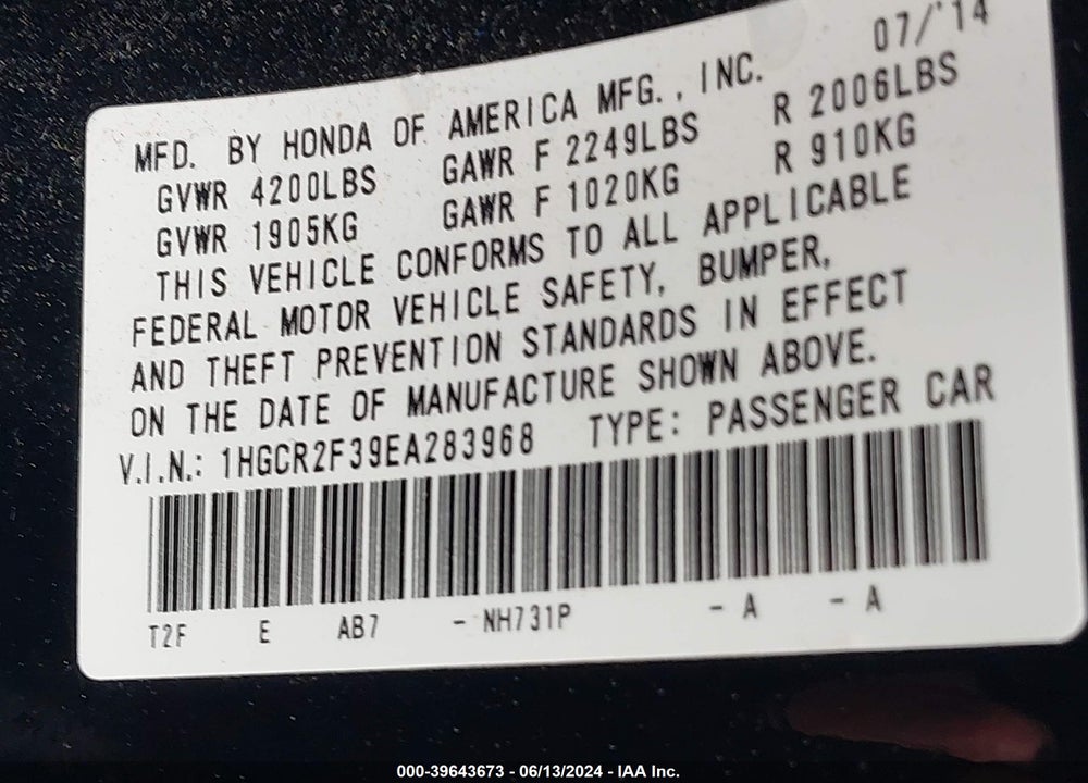2014 HONDA ACCORD LX VIN: 1HGCR2F39EA283968