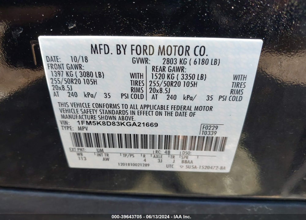 2019 FORD EXPLORER XLT VIN: 1FM5K8D83KGA21669